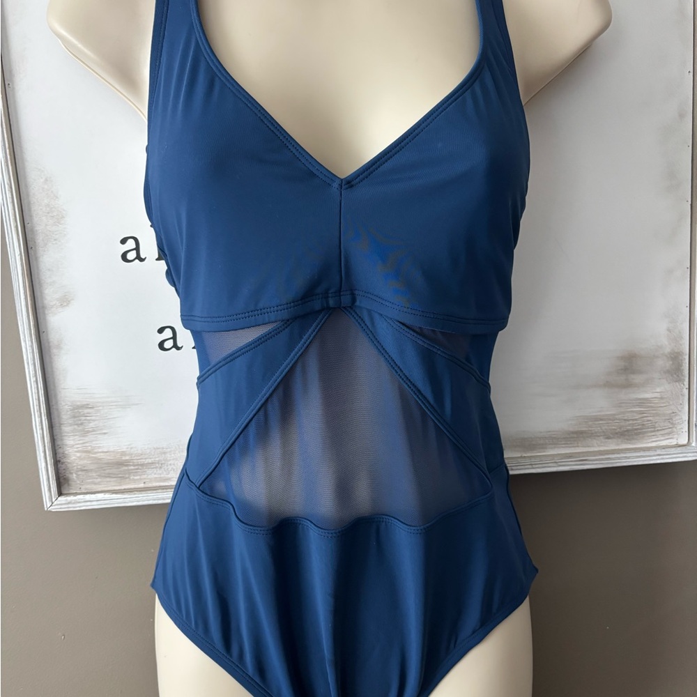 Blue One Piece Sheer Cutout Swimsuit w Open Scoop Strappy Back Design. Like New!